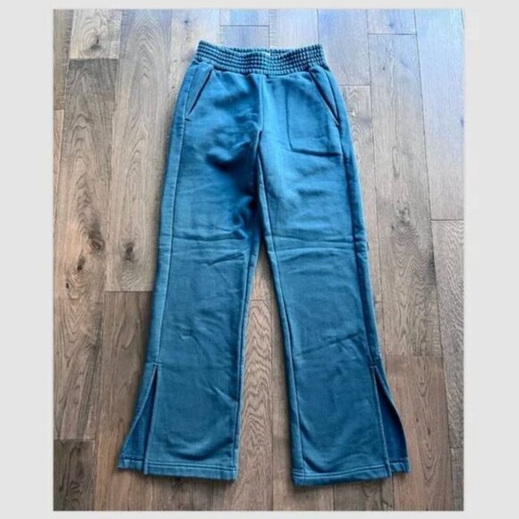 Pact Flare Sweatpants XS Teal Organic Cotton Fleece Wide Leg Split Hem Lounge - Picture 1 of 6